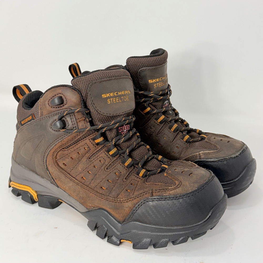 Skechers Steel Toe Waterproof Work Boots Brown Orange 77126 Mens 7 Womens 9